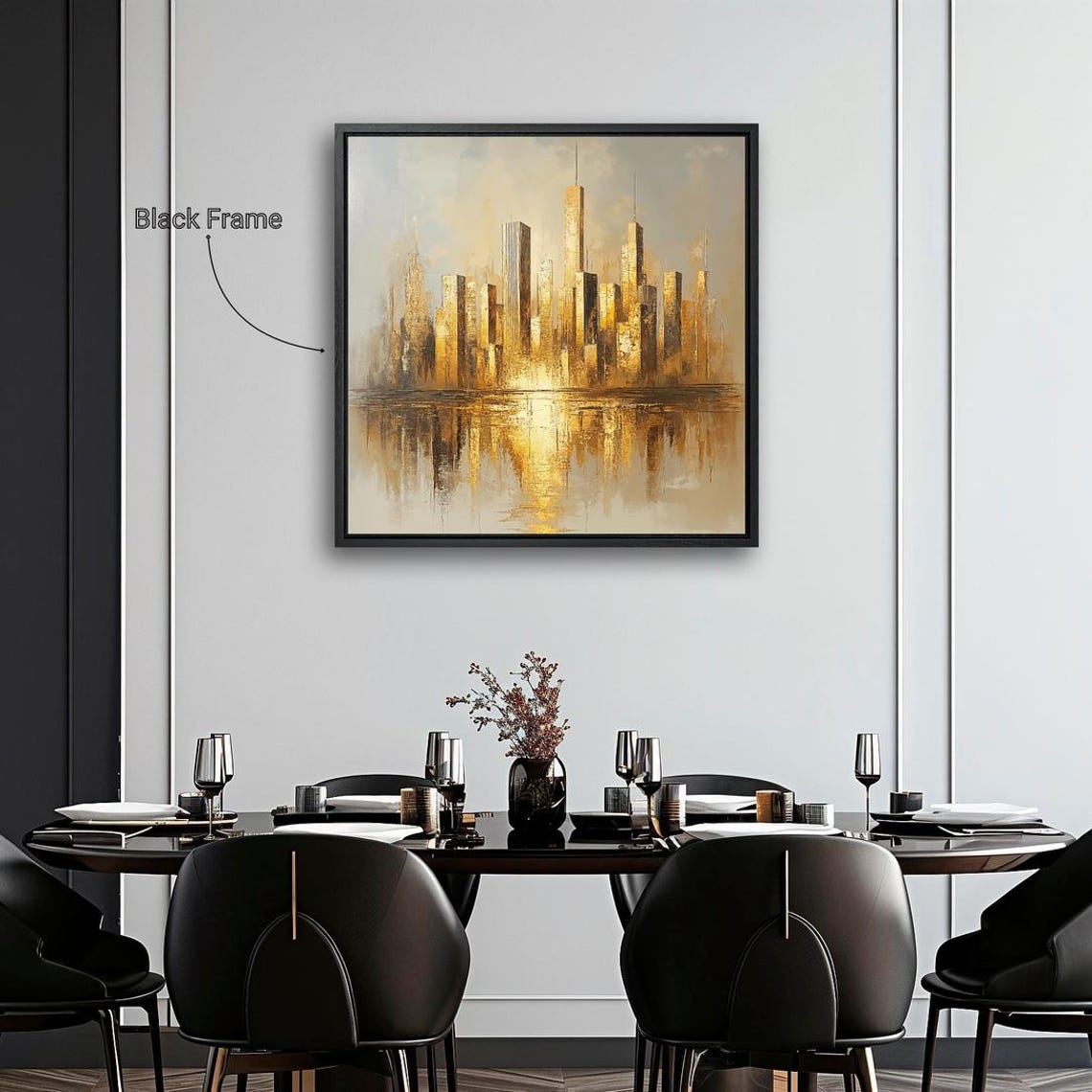 Glowing Golden City Skyline Tall Towers Water Reflection Art Print - Image 2
