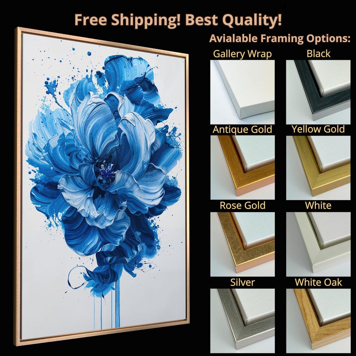 Vibrant Large Blue Abstract Flower Bold Brushstroke Splash Wall Art - Image 4
