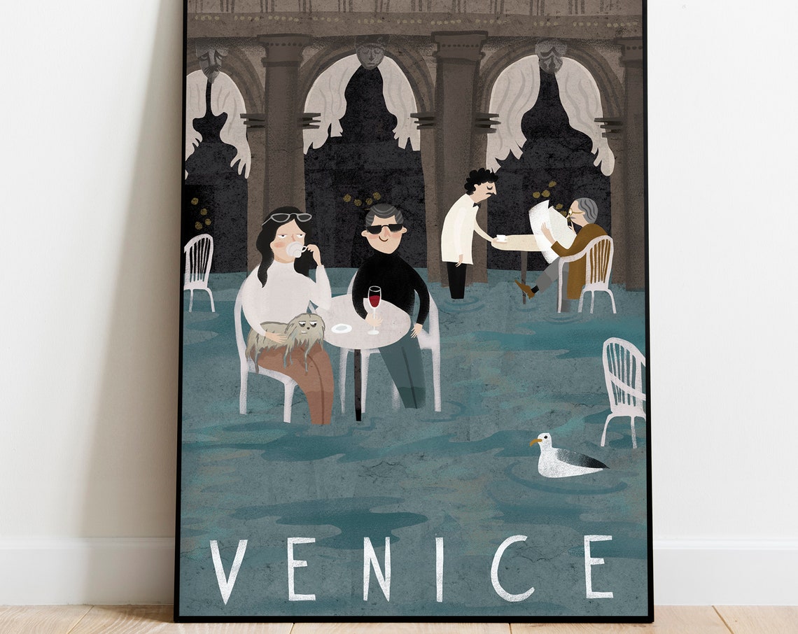 Venice Cafe Flooded Square Acqua Alta Diners Seagull Travel Poster - Image 2