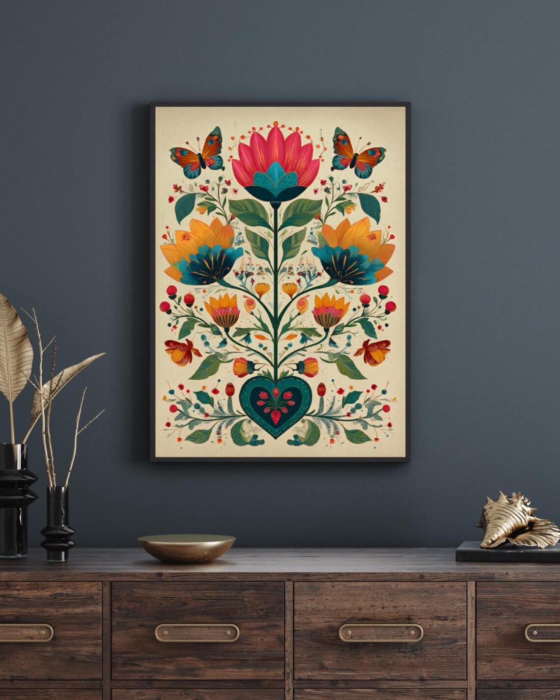 Vibrant Mexican Folk Art Floral Botanical Butterfly Heart Poster