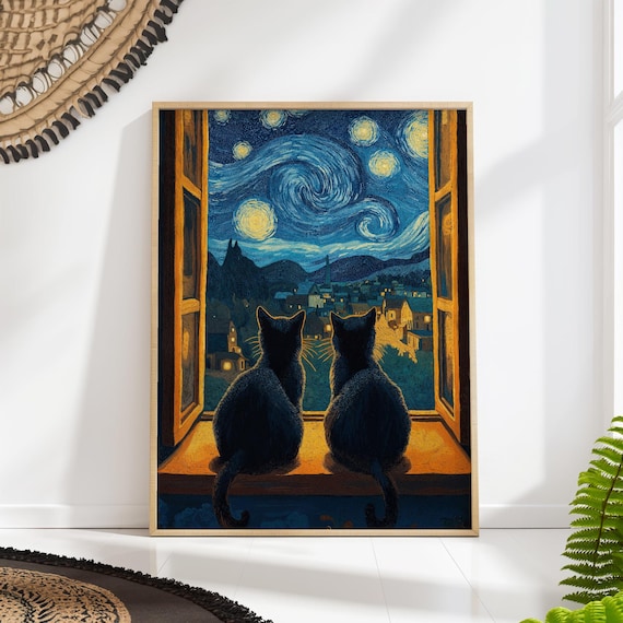 Starry Night Cat Poster, Van Gogh Wall Art Print