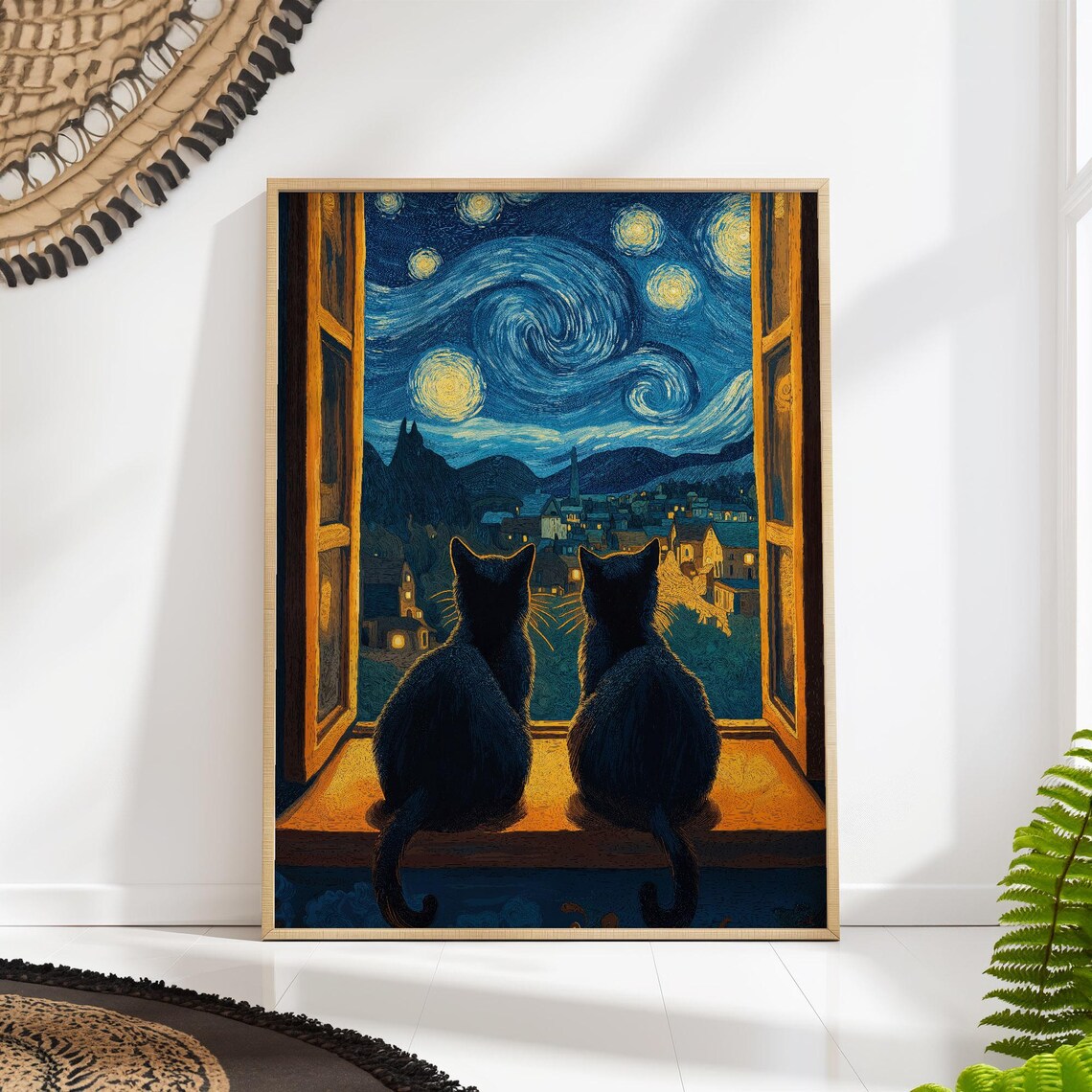 Starry Night Cat Poster, Van Gogh Wall Art Print