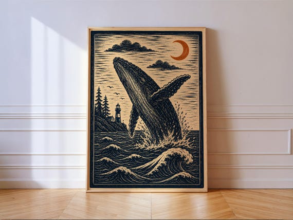 Whale Woodcut Print, Humpback Lighthouse Coastal