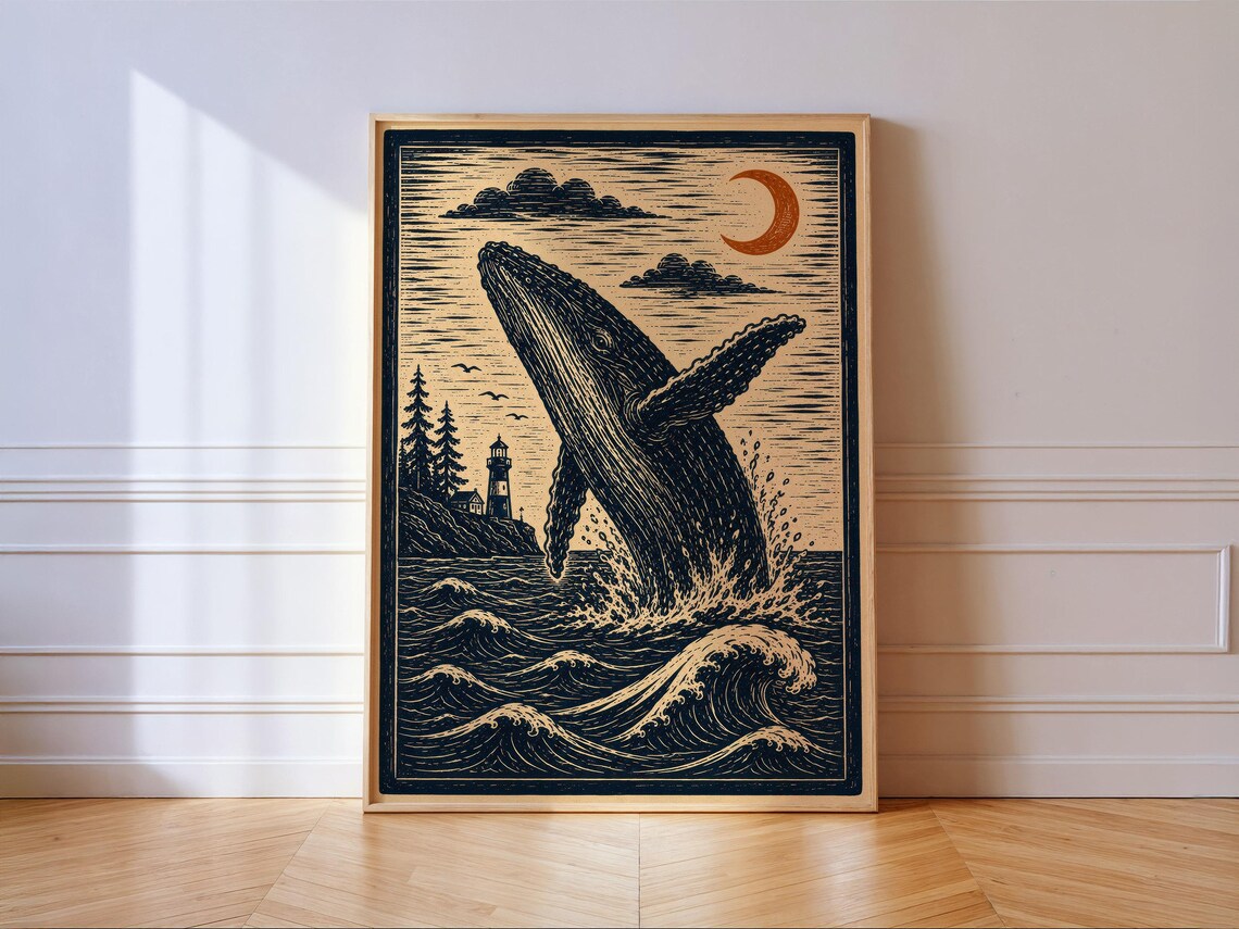 Whale Woodcut Print, Humpback Lighthouse Coastal