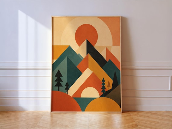 Bauhaus Mountain Print Geometric Sunrise Abstract Mid Century Wall Art