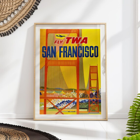 San Francisco Travel Poster Vintage Twa Airline Art Golden Gate Bridge