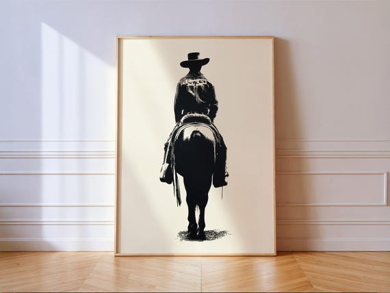 Cowboy On Horse Print Western Black White Wall Art