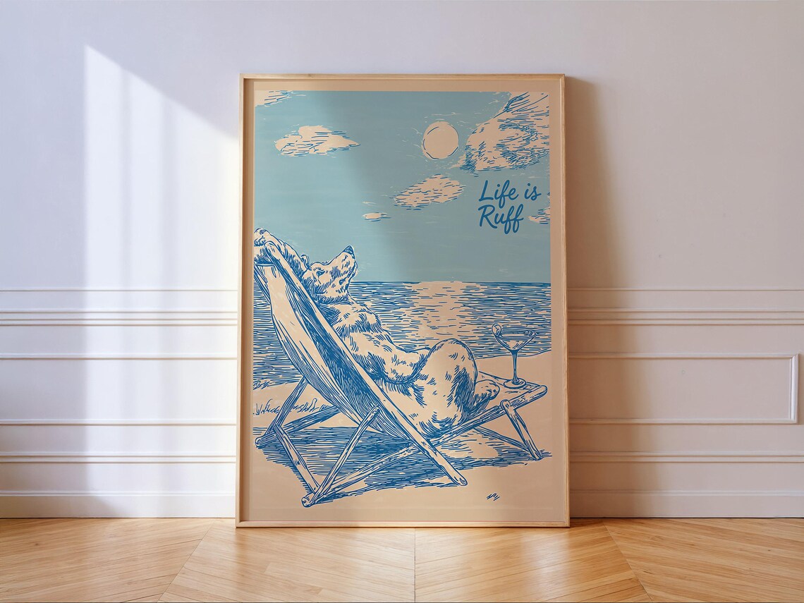 Relaxing Dog Coastal Sketch Illustration, Art Print