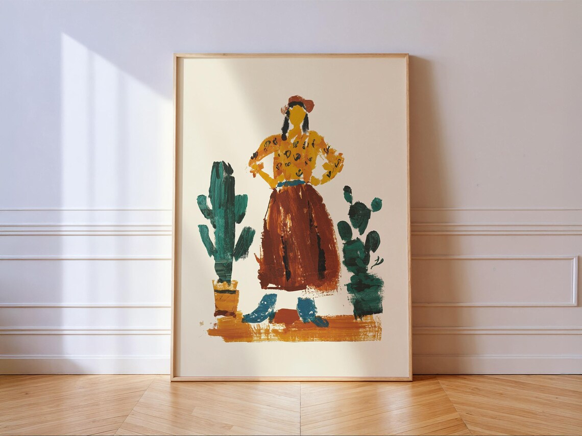 Southwestern Cowgirl Cactus Folk Art Print, Boho Decor
