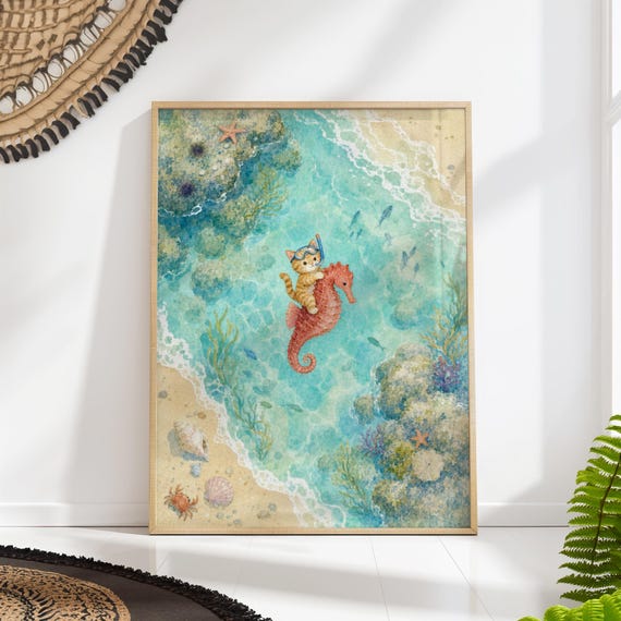 Snorkeling Kitten Riding A Seahorse Over Reef Watercolor Nursery Wall Art