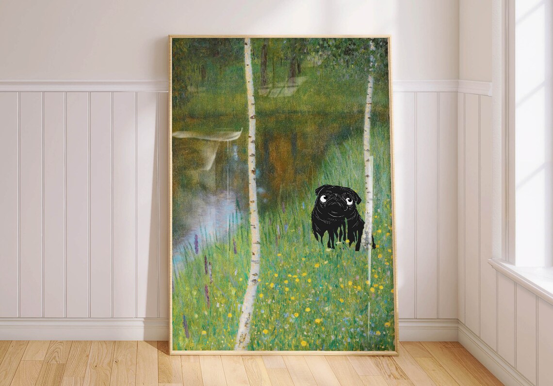 Pug Dog Print, Gustav Klimt Lakeshore With Birches
