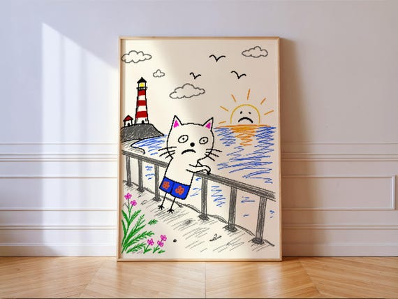 Pixel Art Cat Poster Print, Funny Doodle Lighthouse Sunset