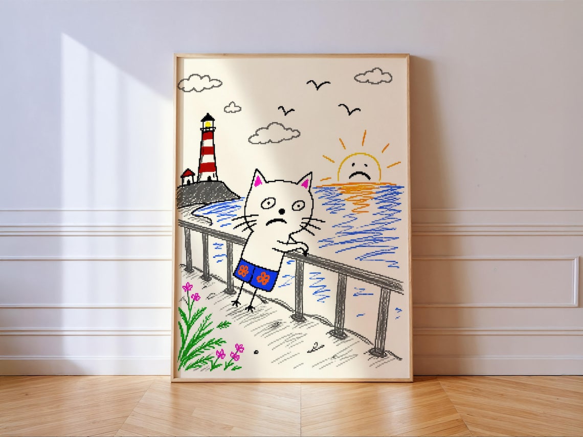Pixel Art Cat Poster Print, Funny Doodle Lighthouse Sunset