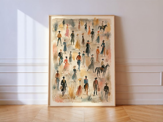 Watercolor Western Cowboys And Cowgirls In Old West Town Scene Poster