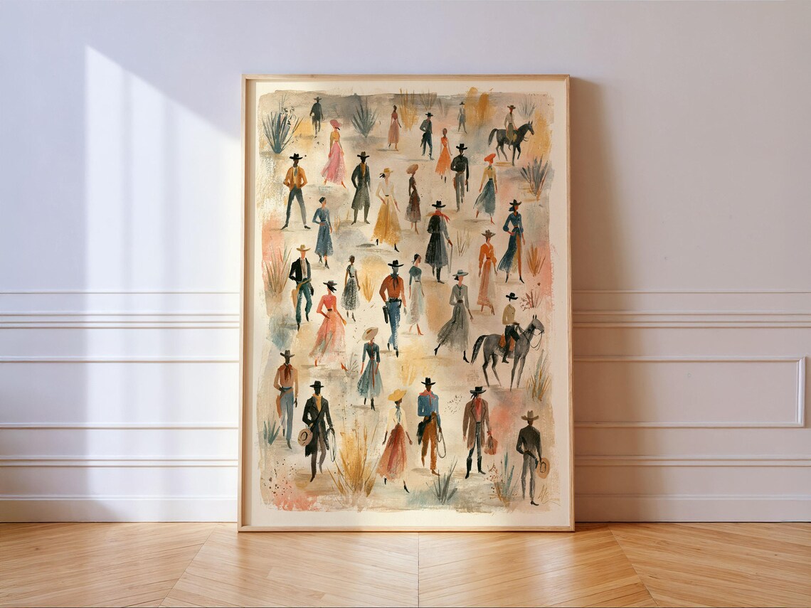 Watercolor Western Cowboys And Cowgirls In Old West Town Scene Poster