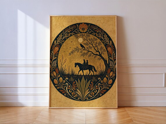 Two Riders On Horseback Under The Moon Folk Art Medallion Western Wall