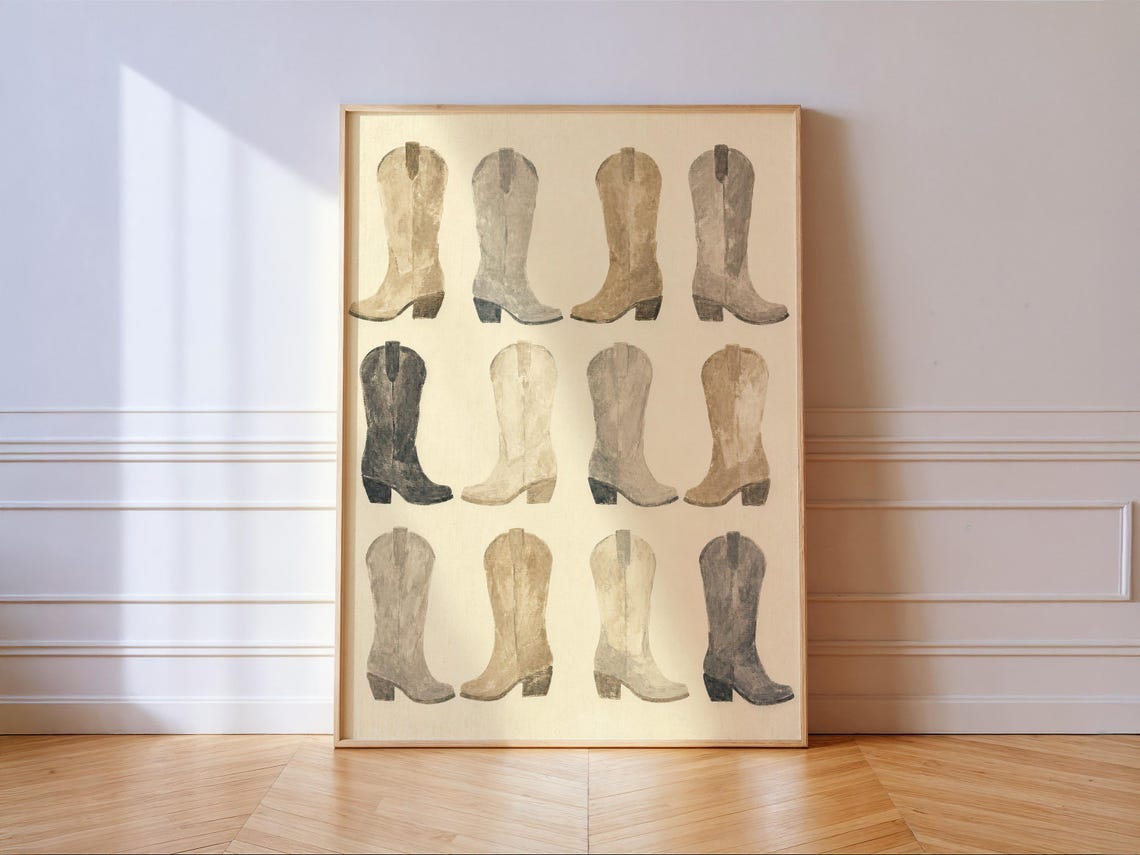 Cowboy Boots Grid Neutral Watercolor Western Boho Wall Poster