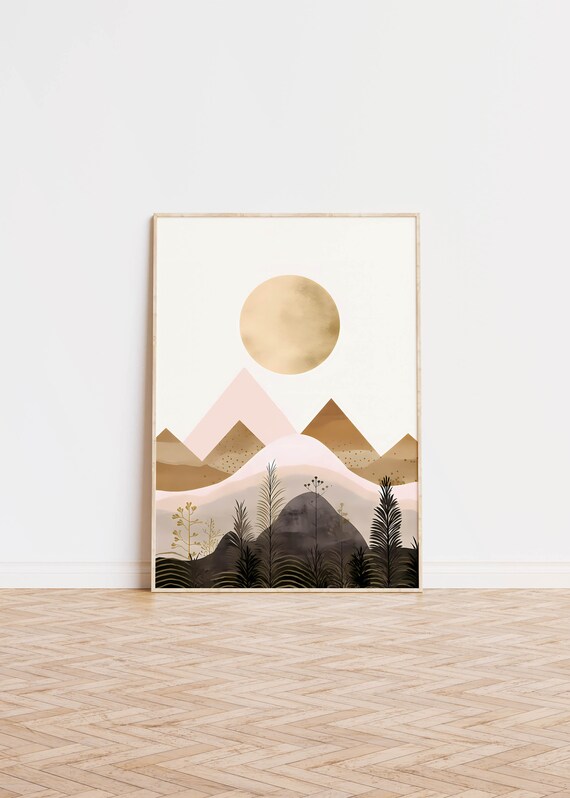 Mountains And Sun Print Earth Tone Abstract Boho Wall Art