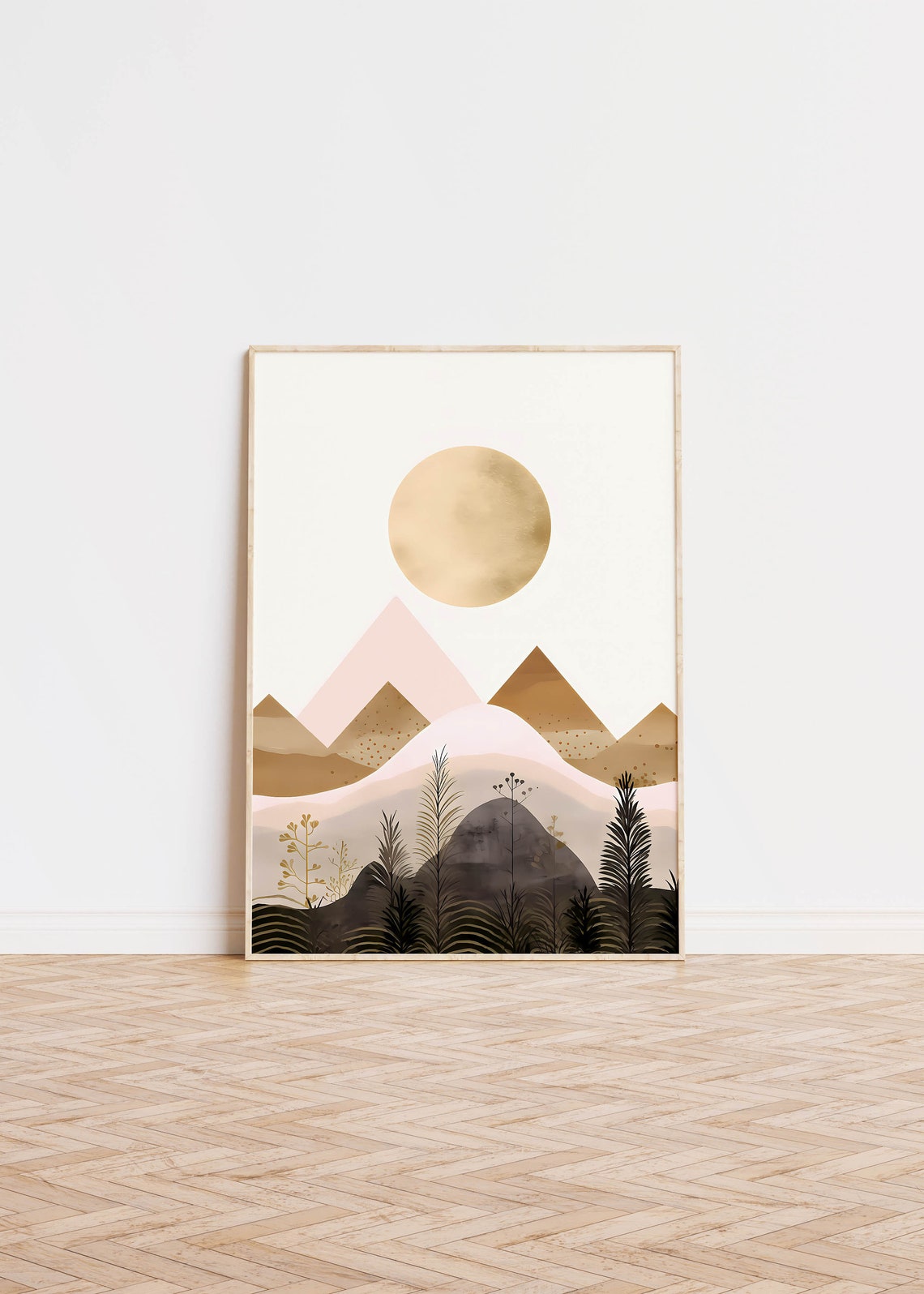 Minimalist Boho Mountains with Gold Sun Earth Tone Art Poster