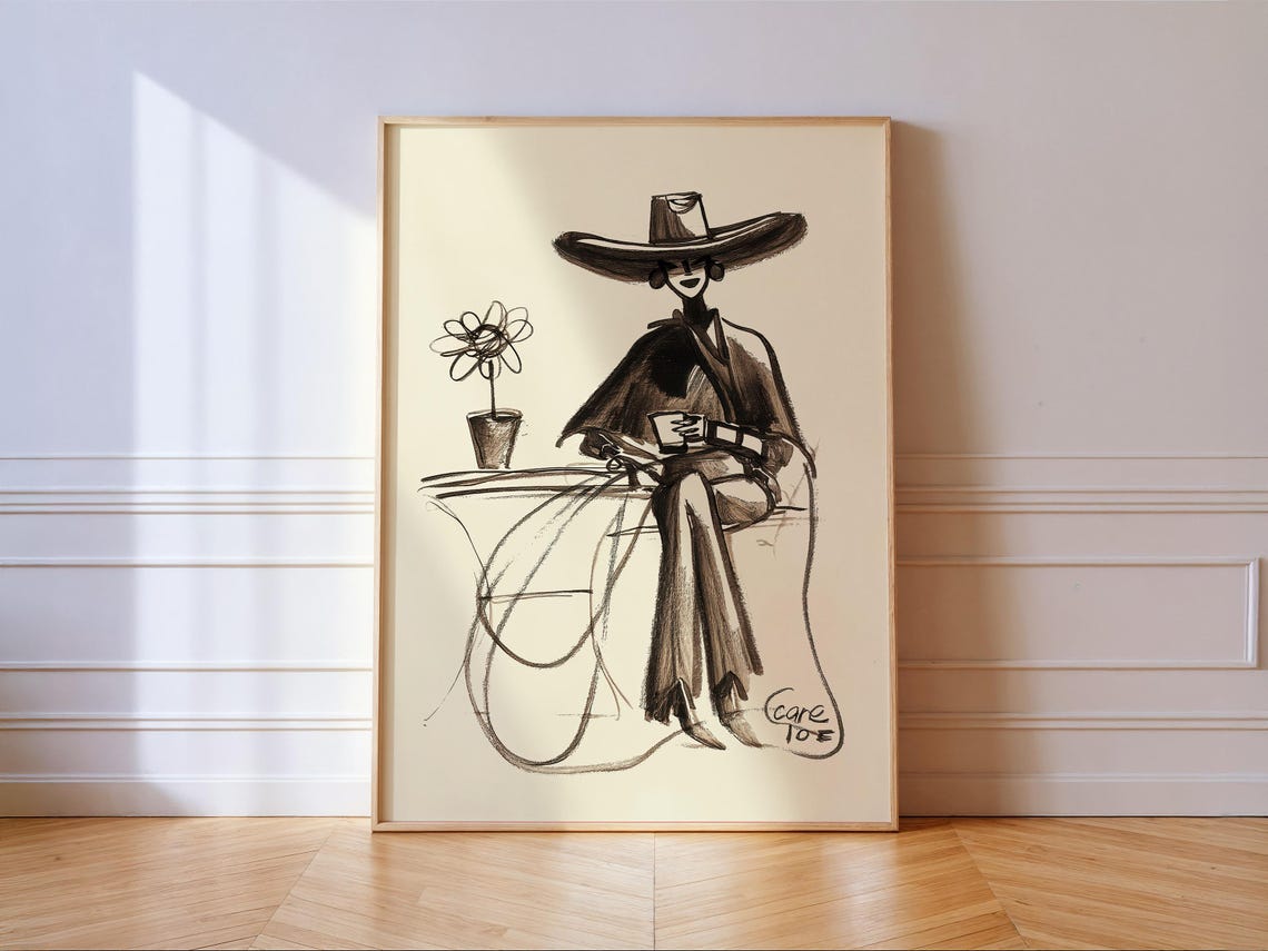 Cowgirl Coffee Ink Sketch Western Woman Kitchen Illustration Poster