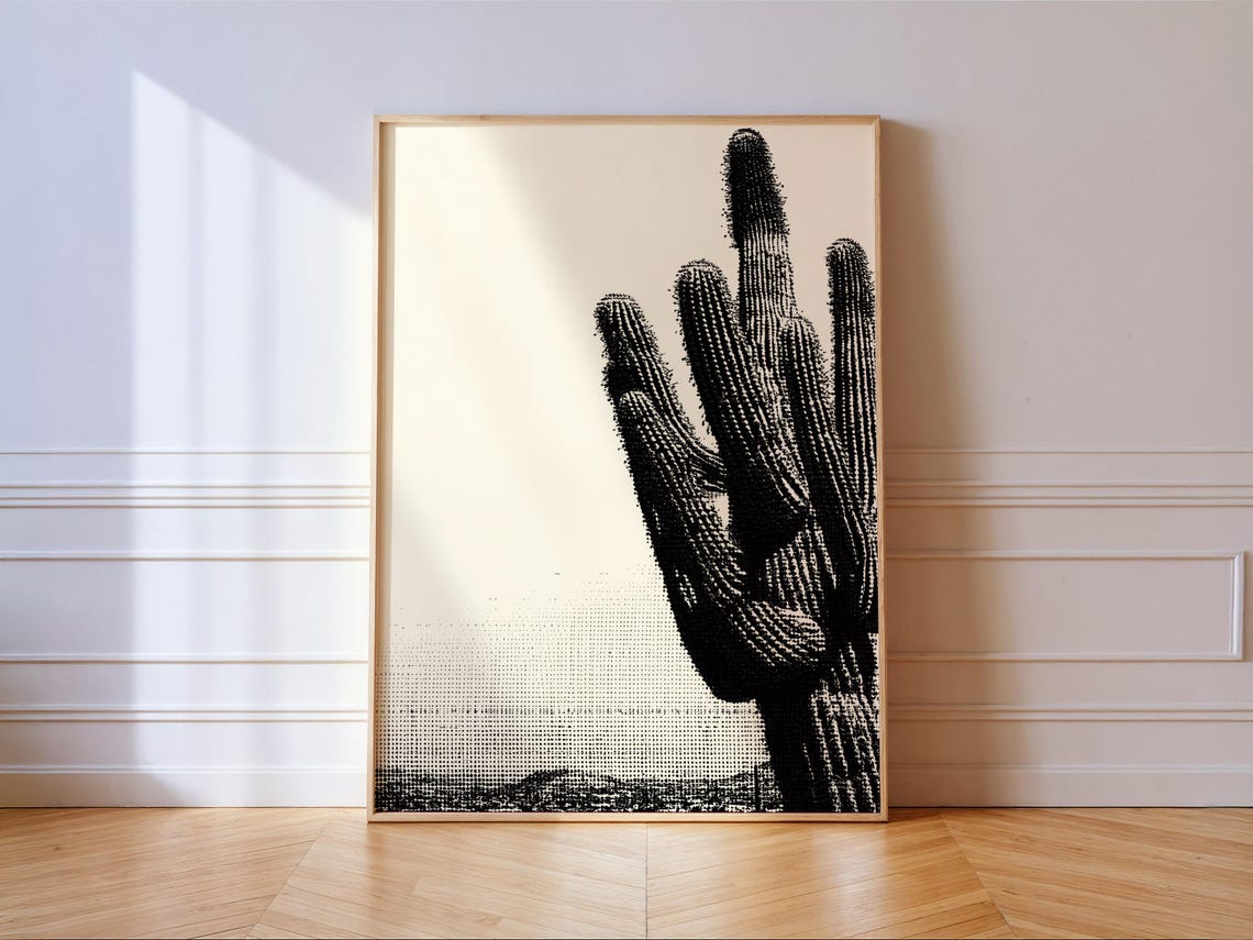 Black Halftone Saguaro Cactus Minimal Desert Southwestern Wall Art