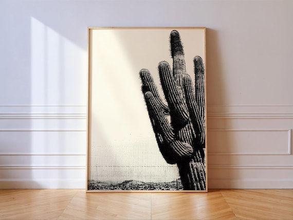 Black Halftone Saguaro Cactus Minimal Desert Southwestern Wall Art