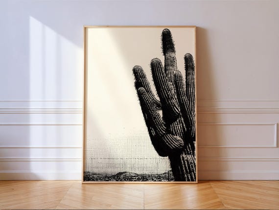 Cactus Wall Art Print Black Desert Halftone Minimal Large Decor