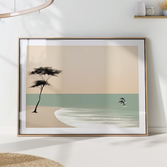 Leaping Dolphins Tropical Beach Minimalist Flat Coastal Art Poster