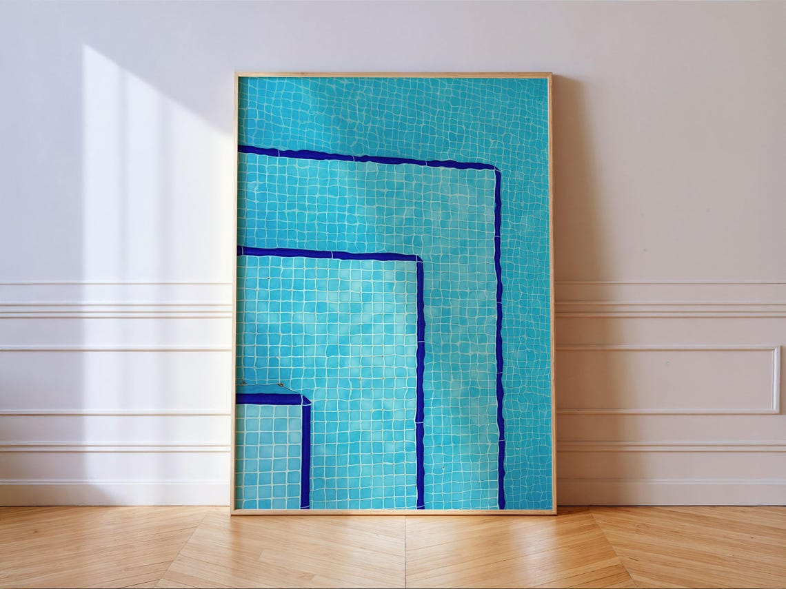 Aerial Turquoise Swimming Pool Geometric Tile Overhead Wall Art