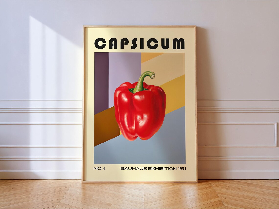 Capsicum Red Bell Pepper Bauhaus 1951 Retro Geometric Kitchen Poster Decor