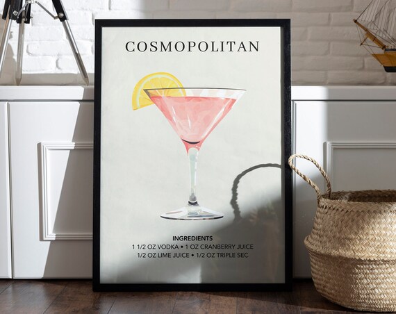 Pink Cosmopolitan Martini Cocktail Recipe Illustration Party Bar Decor Poster