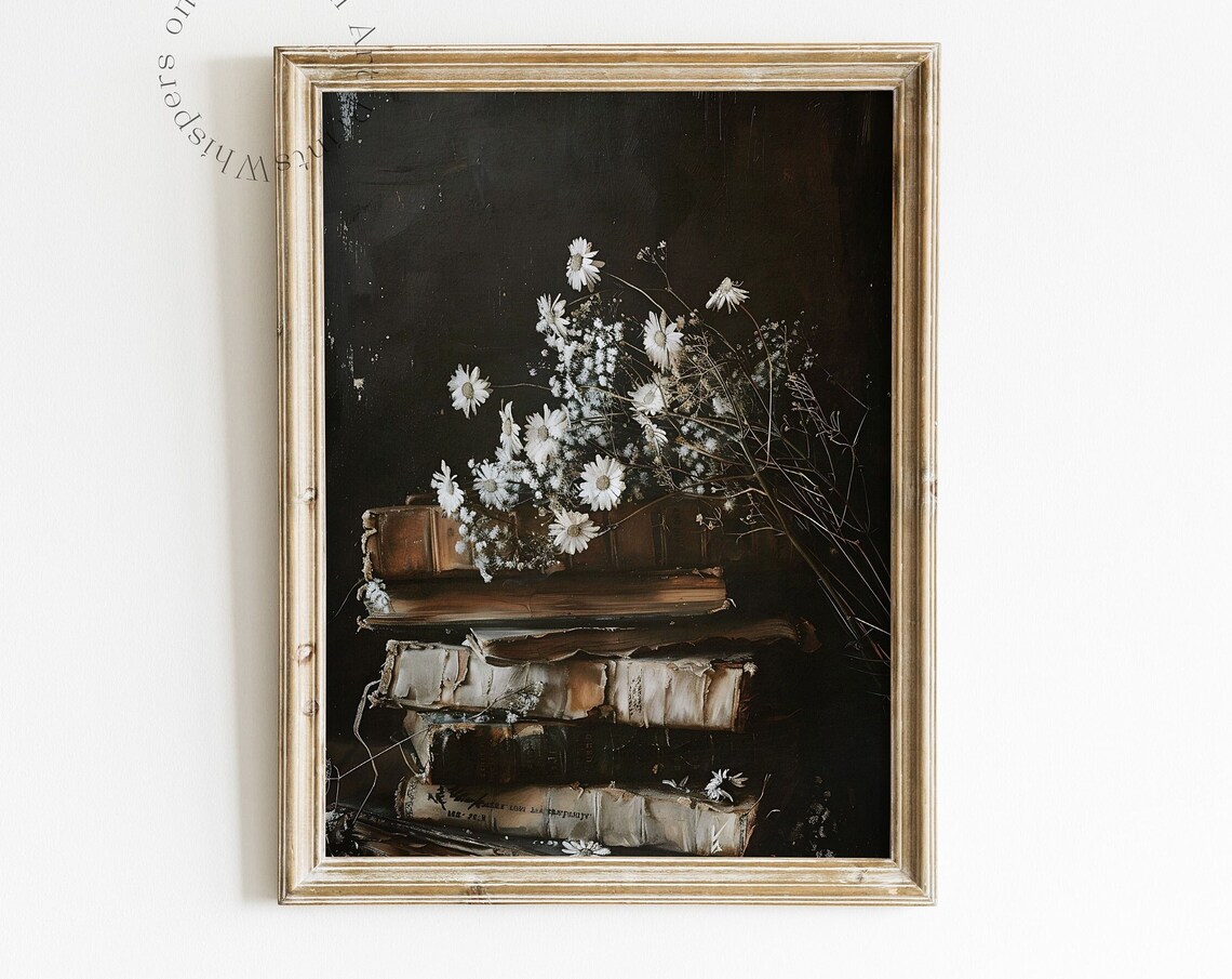 Stack Of Worn Vintage Books With White Daisies Dark Moody Still Life Poster