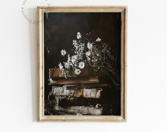 Stack Of Worn Vintage Books With White Daisies Dark Moody Still Life Poster