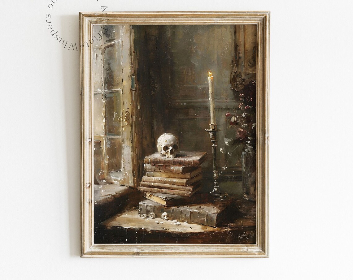 Skull on Stack of Old Books with Candle Gothic Painting Poster