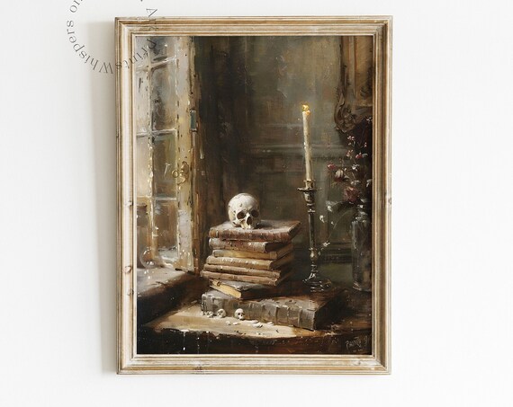 Dark Academia Print Moody Skull Poster Goth Home Decor Bookish Wall Art Skeleton Art Victorian Gothic Painting