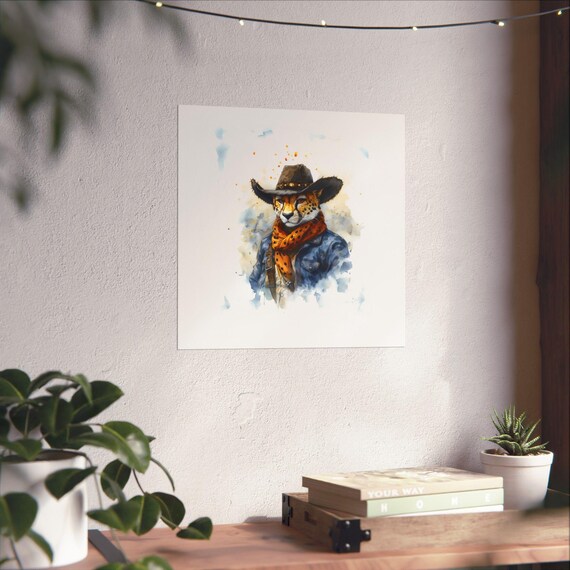 Cheetah Cowboy Denim Jacket Orange Scarf Watercolor Western Artwork Poster