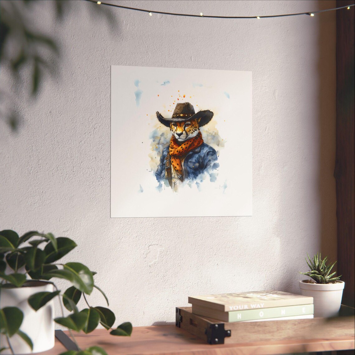 Cheetah Cowboy Denim Jacket Orange Scarf Watercolor Western Artwork Poster