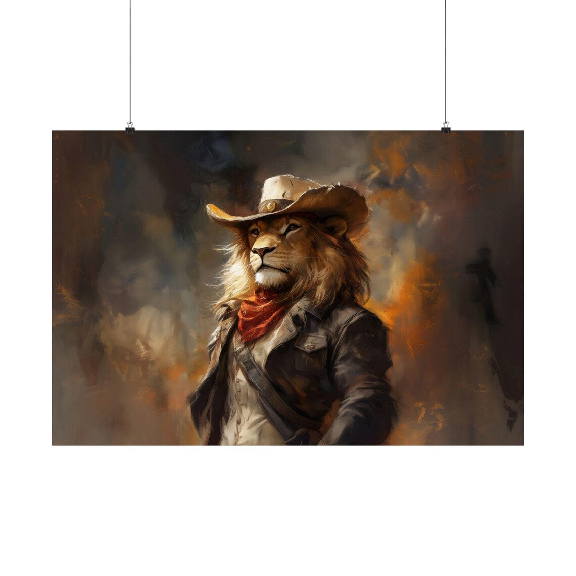 Lion Cowboy Hat Watercolor Portrait Amber Smoke Background Western Poster - Image 3