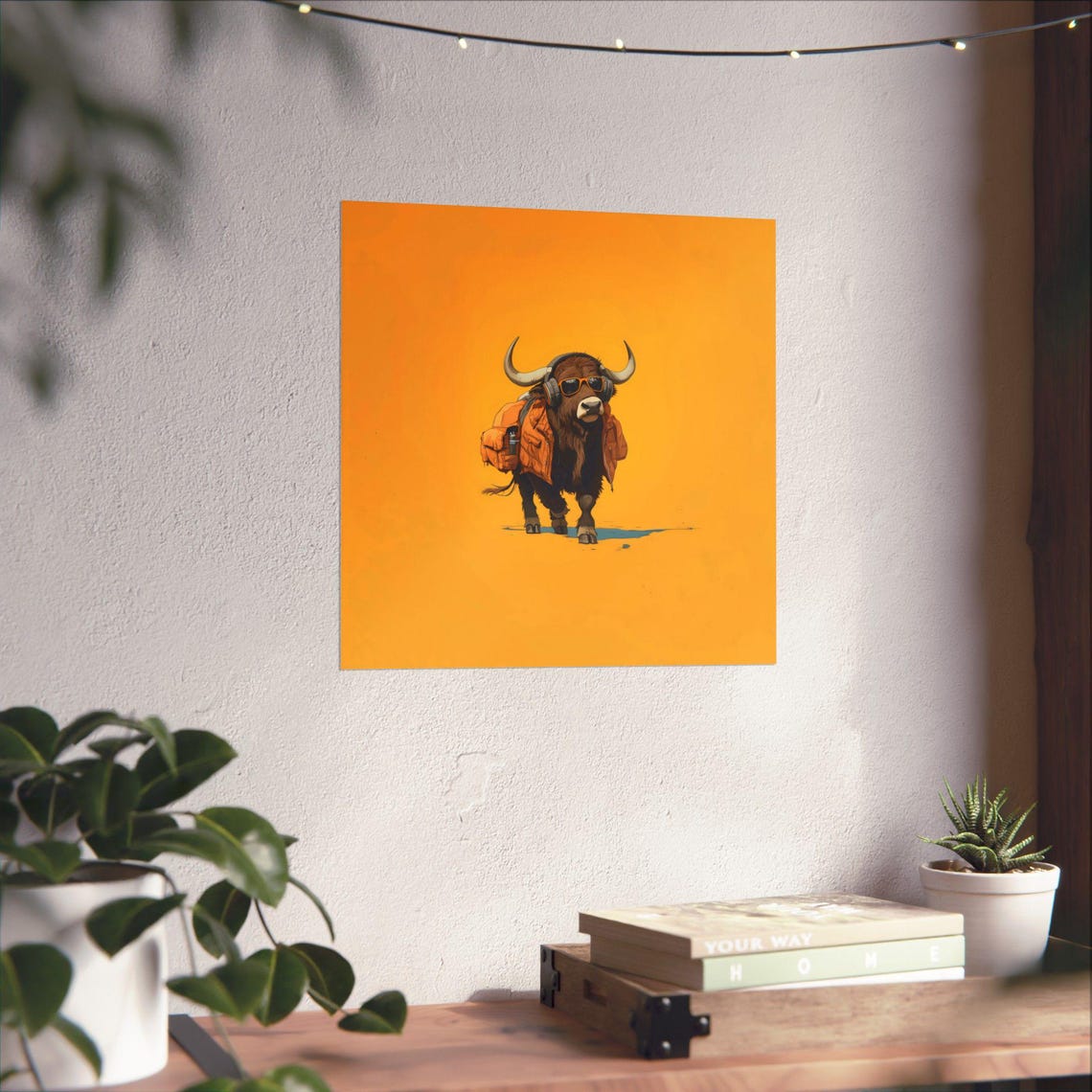 Funky Buffalo in Sunglasses Headphones Yellow Backdrop Poster - Image 3