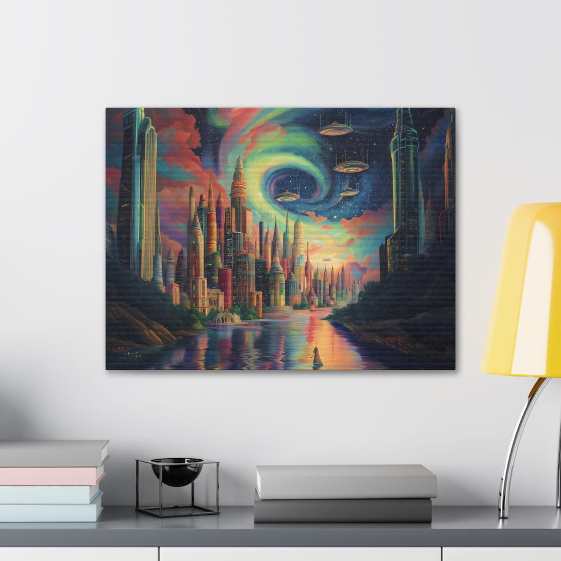 Futuristic City River UFO Invasion Aurora Night Sky Sci Fi Poster - Image 2