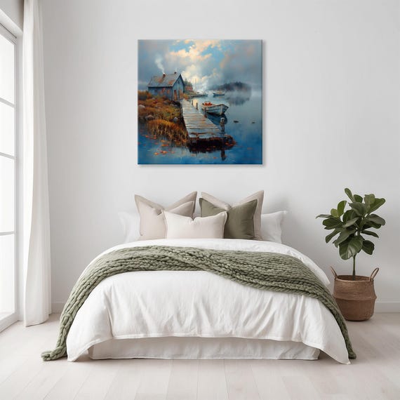Rustic Boat Dock Print Landscape Modern Painting Outdoor Nature Water Wall Print Airbnb Art Wall Decor