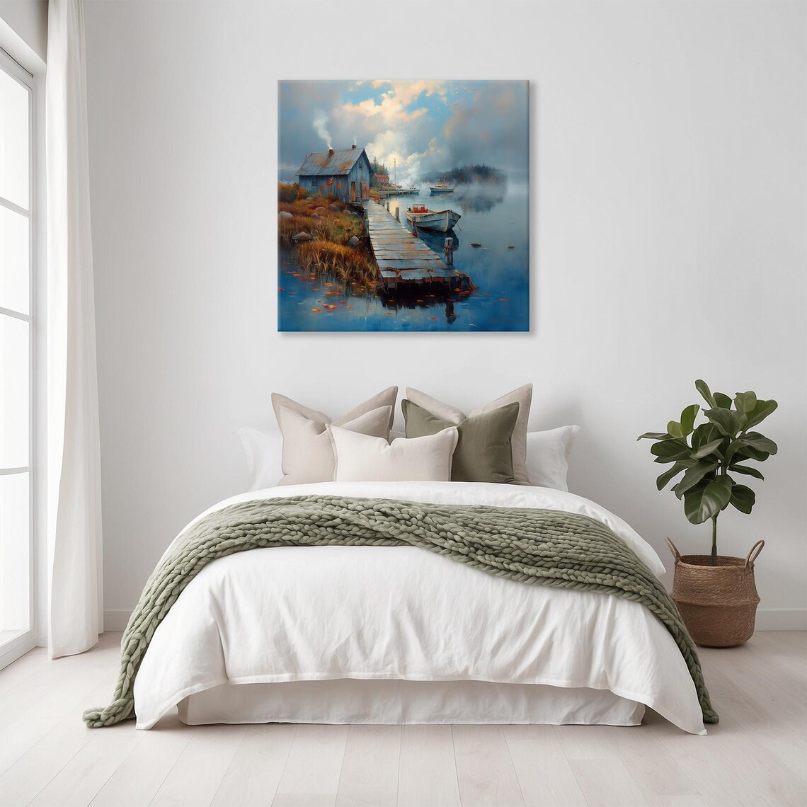 Rustic Fishing Cabin Wooden Dock Boats Misty Morning Lake Print