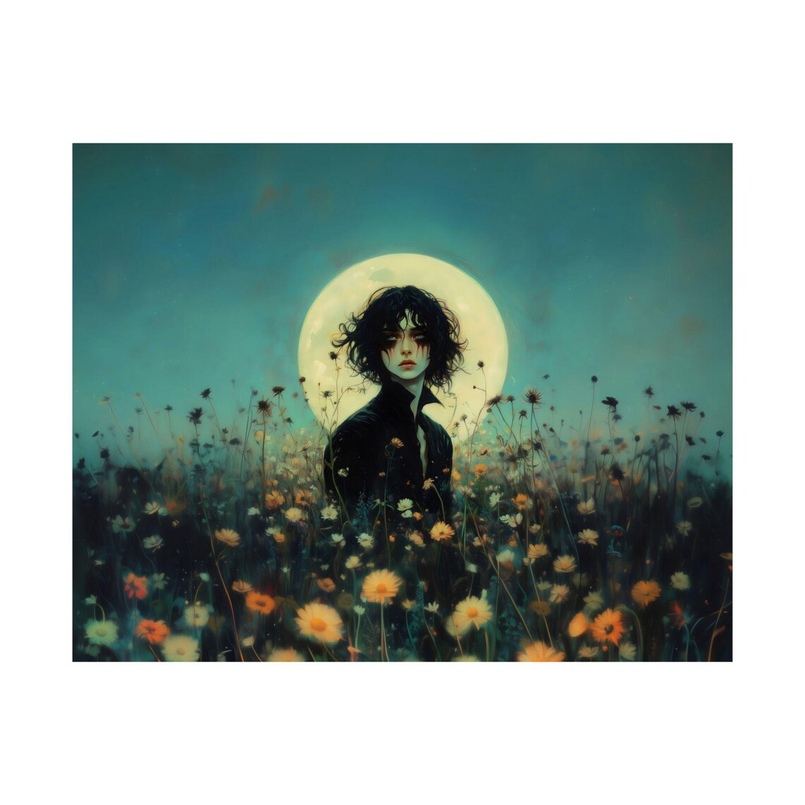 Pale Vampire in a Wildflower Field Under a Full Moon Gothic Fantasy Poster - Image 3