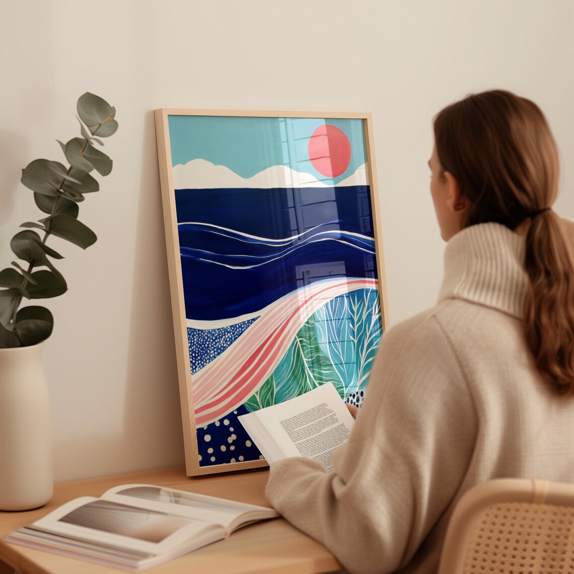 Abstract Ocean Landscape With Sun, Modern Coastal - Image 2