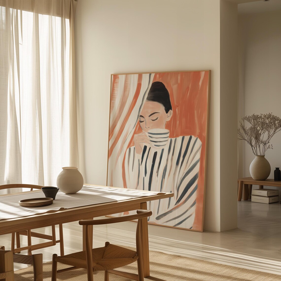 Serene Woman Sipping Tea From Striped Cup In Terracotta Poster - Image 2