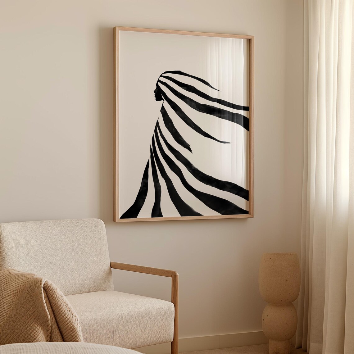 Abstract Woman Silhouette With Flowing Striped Hair Art Poster - Image 2