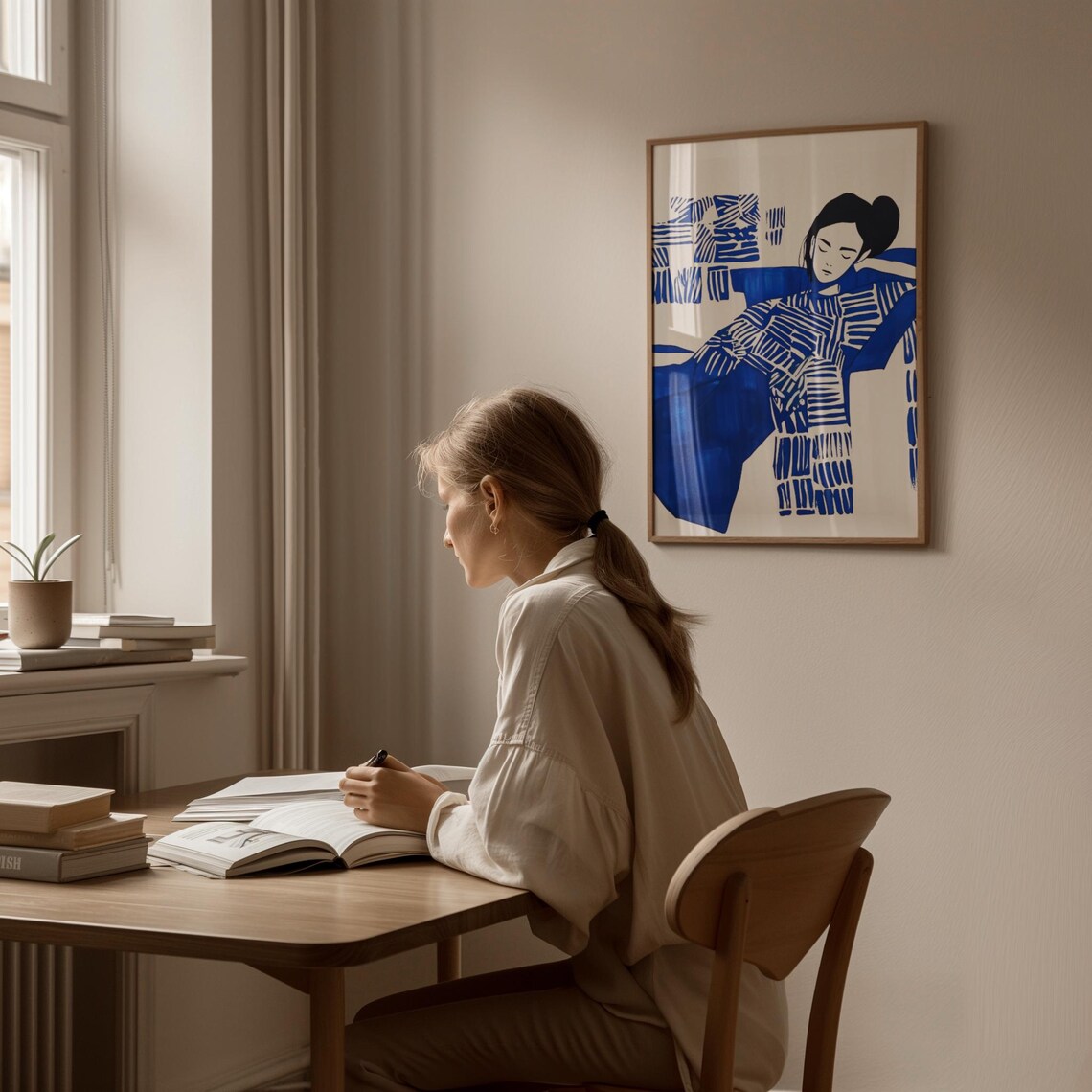 Reclining Woman in Blue Striped Dress Modern Illustration Poster - Image 3
