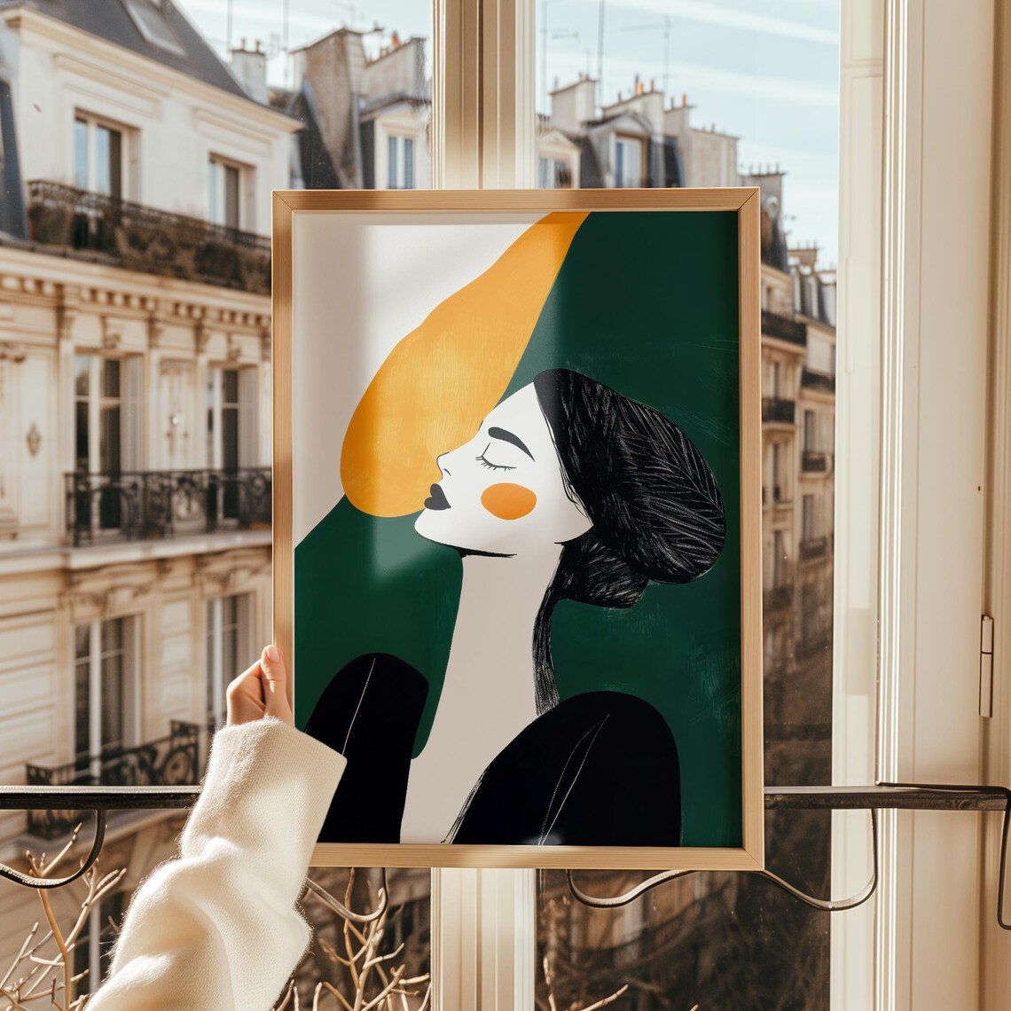 Woman Portrait in Green and Black With Orange Accent Art Poster - Image 3