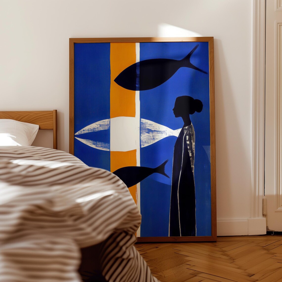 Standing Woman Silhouette With Fish In Bold Blue Orange Poster - Image 2