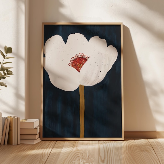 White Flower on Deep Blue Background, Minimalist Art Print
